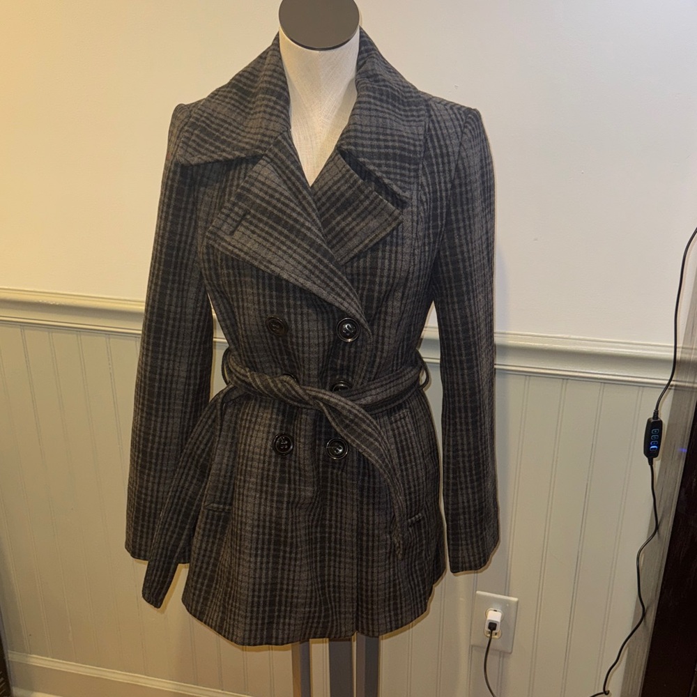 Women's Apostrophe Gray Plaid Wool Double-Breasted Peacoat,‎ Sz Small